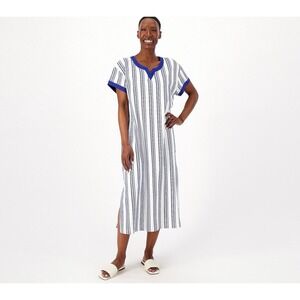 Stan Herman The Hamptons 100% Cotton V-Neck Caftan Beach XL Blue Striped Pockets